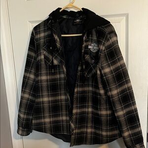 Harley-Davidson Women’s Black and Grey Checkered Flannel Jacket with Hood